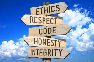 Ethics, Respect, Code, Honesty, integrity - Wooden Signpost with Five Arrows photo