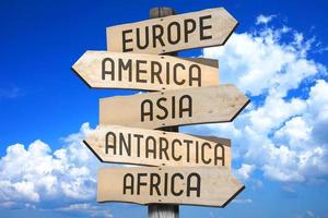 Europe, America, Asia, Antarctica, Africa - Wooden Signpost with Five Arrows