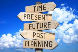 Time, Present, Future, Past, Planning - Wooden Signpost with Five Arrows photo