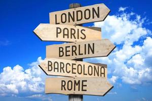 London, Paris, Berlin, Barcelona, Rome - Capital Cities Concept - Wooden Signpost with Five Arrows photo