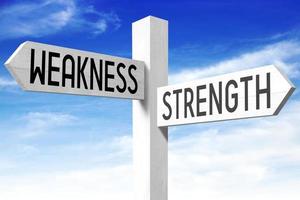 Weakness, Strength - Wooden Signpost with Two Arrows and Sky in Background photo