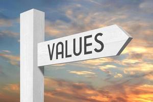 Values - White Wooden Signpost with one Arrow and Sunset Sky in Background photo