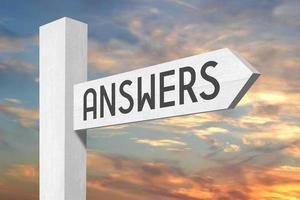 Answers - White Wooden Signpost with one Arrow and Sunset Sky in Background photo