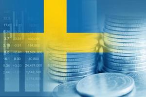 Sweden flag with stock market finance, economy trend graph digital technology. photo