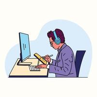 A man with a computer vector flat style illustration. Professional Artist doing digital art on a drawing tab. Side view of a Young man wearing a headphone working at home.