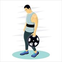 Vector man lifting weight plate with one hand flat vector illustration design