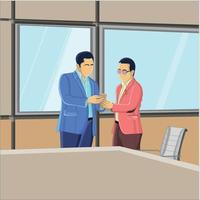 Vector two men discuss while looking at the phone at office room flat vector illustration image