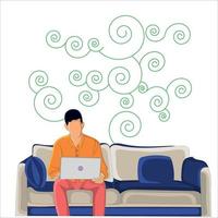 Vector student sitting on the sofa and working with his laptop on his lap flat vector illustration design