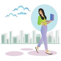 A girl is walking near the city with her laptop in hand flat vector illustration design