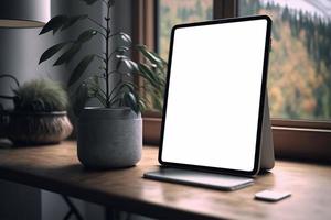 Mockup image of a tablet with blank desktop white screen on wooden table - concept of home office photo