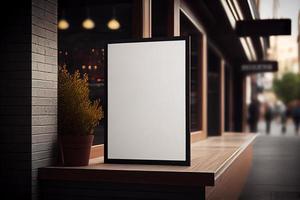 Mockup label, blank menu frame in Bar restaurant. Stand for booklets with white sheets paper on wooden table cafeteria photo