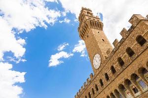 Florence, Italy. The Old Palace tower - named Palazzo Vecchio - with blue sky. Copy space, nobody. photo