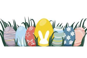 Easter eggs in green grass. Decorated colourful eggs. Vector illustration.