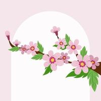 Sakura branch with blooming pink flowers and leaves. Spring time. Vector illustration in flat cartoon style.