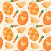 Pattern seamless with orange Easter eggs, chicken bird and carrot. Happy easter holiday elements. Spring easter pattern design for postcard, wrapping paper, textile, wallpaper. vector