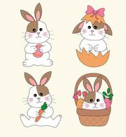 Easter bunnies set. Rabbit animal vector illustration. Happy Easter. A rabbit in a basket, with an Easter egg, with a carrot, sits in a shell with a bow.