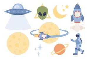 Space icon set. Astronaut, rocket, planet, UFO, moon, stars. Space travel, space adventures. Vector flat illustration