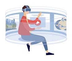 Virtual reality adventure. Man wearing virtual reality goggles. Into VR world. Cyber world future technology. Vector flat illustration