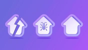 Set of 3D house icon. Broken house, house with insects. vector