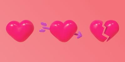 3D cartoon vector hearts. Heart with arrow, broken heart.