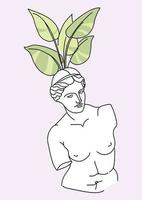 Flower pot in the form of an antique head of a statue with a houseplant. Vector illustration.