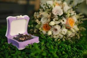 Beautiful white wedding bouquet with bride sitting in the background - shallow dof photo