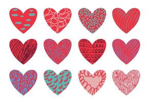 Set of different vector hearts. Romantic abstract symbol for Valentine's Day. With modern pattern and bright paint texture. Collection of collage drawing style figures.