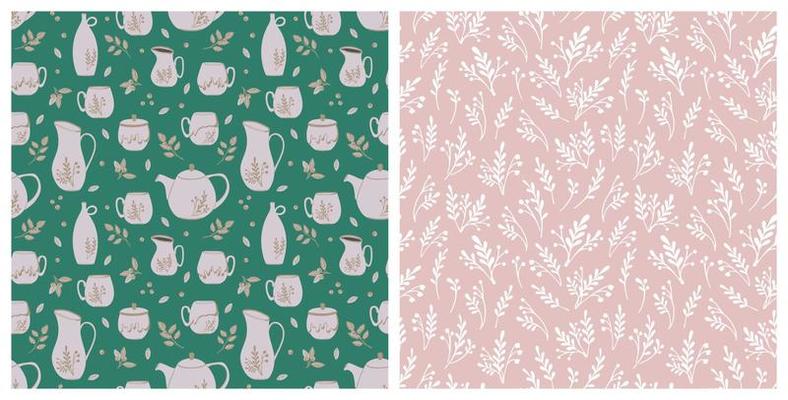 Pattern set with ceramic crockery and plants. Hand drawn kitchenware with decoration around. Vector illustrations for pottery workshops, ceramic studio, home decor concept.