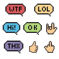 Pixel Speech Bubbles Words and hand sign, pixelated speech bubble set vector