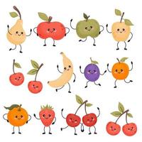 linda dibujos animados caracteres frutas manzanas, pera, fresa, banana, ciruela, albaricoque, Cereza y Mandarina. vector ilustración. colección gracioso comida emoji en plano estilo.