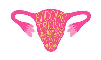 Endometriosis awareness month poster. Uterus with handwritten text and flowers vector illustration. Female gynecology disease. Support endo warriors women.