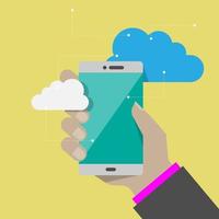Vector flat design of hand holding a smartphone with cloud, online mobile service, networking server storage database connection concept yellow background