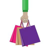 vector plano diseño estilo de cliente mano participación multi color producto bolso para compras, vistoso de bolsa, grande rebaja hora y promoción, márketing y final rebaja concepto en el blanco antecedentes