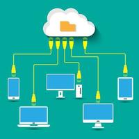 Vector flat design of internet device connect to the cloud server, cloud computing information and data access, online internet database file folder service, big data transfer concept