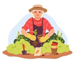 un mayor mujer jardinero plantas plantas en un flor cama. orgánico jardinería. vector ilustración en un plano estilo.