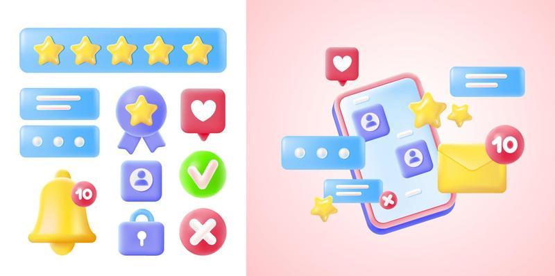 3d social media icons. Symbols of digital marketing. 3d phone with messenger, open dialogues and rating with stars and likes. Online communication in the app on the phone.