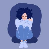 Illustration of depression in flat style. Sad girl with a tear hugs herself on a dark blue background. Vector illustration