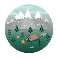 cámping, bosque, montañas en dibujos animados plano estilo. redondo icono ilustración. vector ilustración