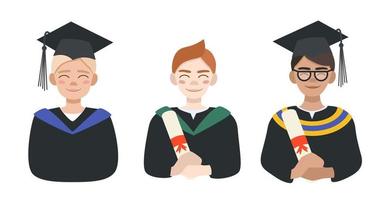 Portraits of male students in graduation gowns and caps. A male student with a diploma in his hands. Vector illustration in flat style.