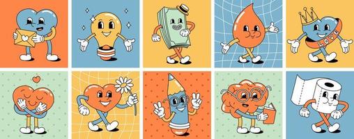 A set of funny happy cartoon characters in the style of the 70s, 60s. Hearts. Positive and good vibes vector