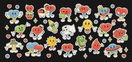 A set of stickers of funny happy cartoon characters. Heart and flowers. Positive and good vibes vector