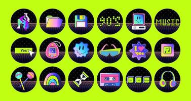 A set of acid highlight for social media. Bright y2k style, 2000s, 90s. Game, pc, music, floppy disk vector