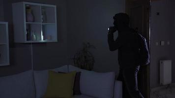 stelen. gemaskeerd dief. de dief wie kapot gegaan in de huis is op zoek voor kostbaarheden naar stelen met een zaklamp. video