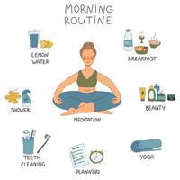 Cute meditation girl with morning routine elements vector