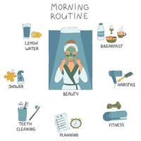 Cute beautiful girl with morning routine elements vector