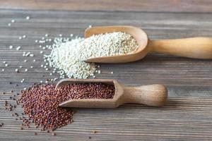 Scoops of white and red quinoa photo