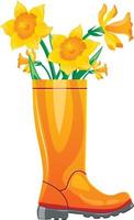 Rubber boot with daffodils. Cute rain boot with flower plants cartoon spring print, card, poster vector illustration