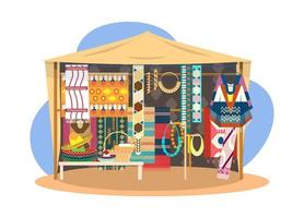 Ethnic souvenir street shop. Mexican street store with carpets,mats, ponchos, sombrero hats and jewelry. vector