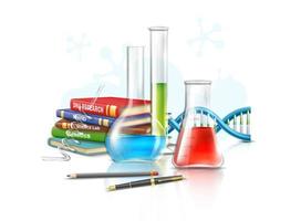 3d realista vector ilustración. molecular bio tecnologías en laboratorio cristalería, tubos y vasos de precipitados biología y medicamento.