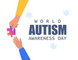 World Autism Awareness Day. Adult's hand holding colourful puzzle piece and holds out to the child's hand. Autistic children concept. Social Difficulty. Mental disability disorder. Vector. vector